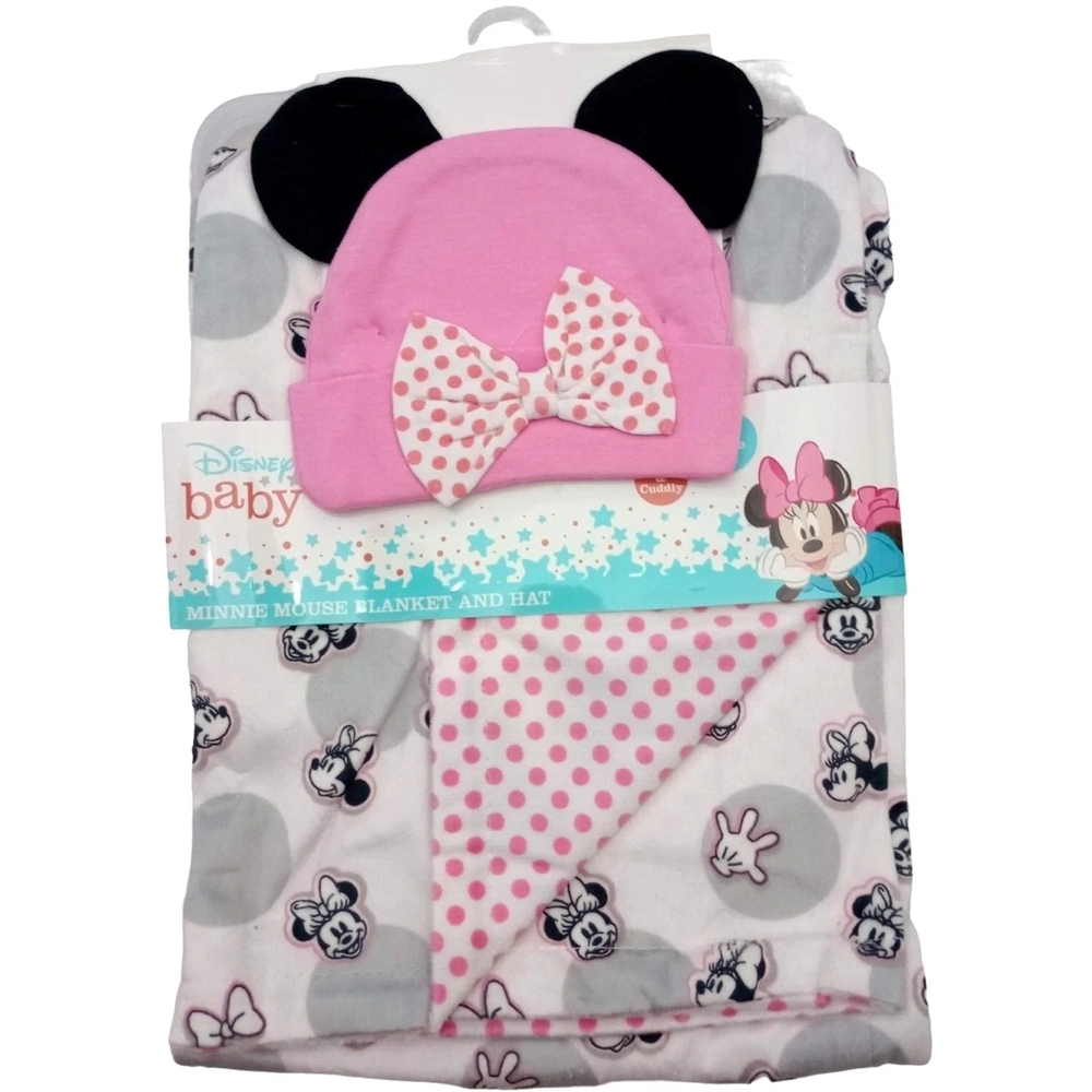 Disney Baby Minnie Mouse Pink, Black, Gray Polka Dot Blanket & Hat Set